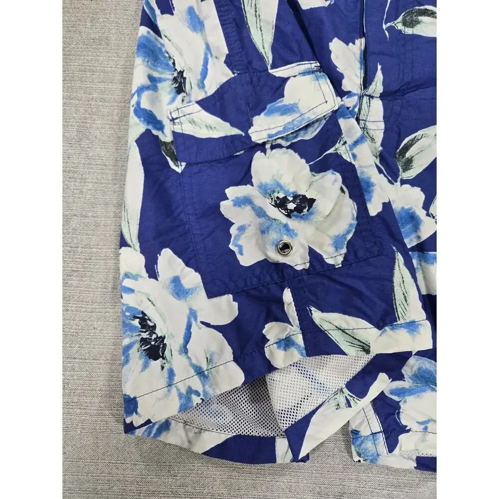 J Crew Men 34 Blue Floral Drawstring Swim Trunks Shorts Cargo Pocket Summer Surf